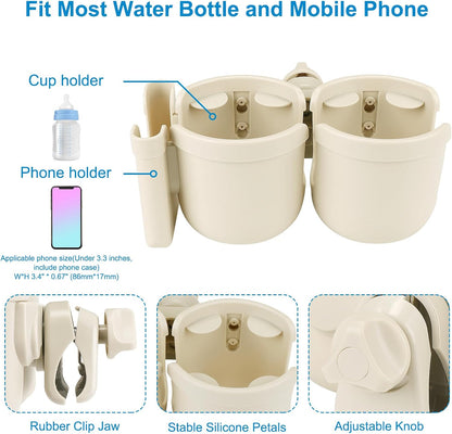 Stroller Cup Holder with Phone Holder, Bike Cup Holder, Universal Cup Holder for Uppababy Nuna Strollers, 2-in-1 Drinks Holder for Walker, Wheelchair, Scooter - Colors A