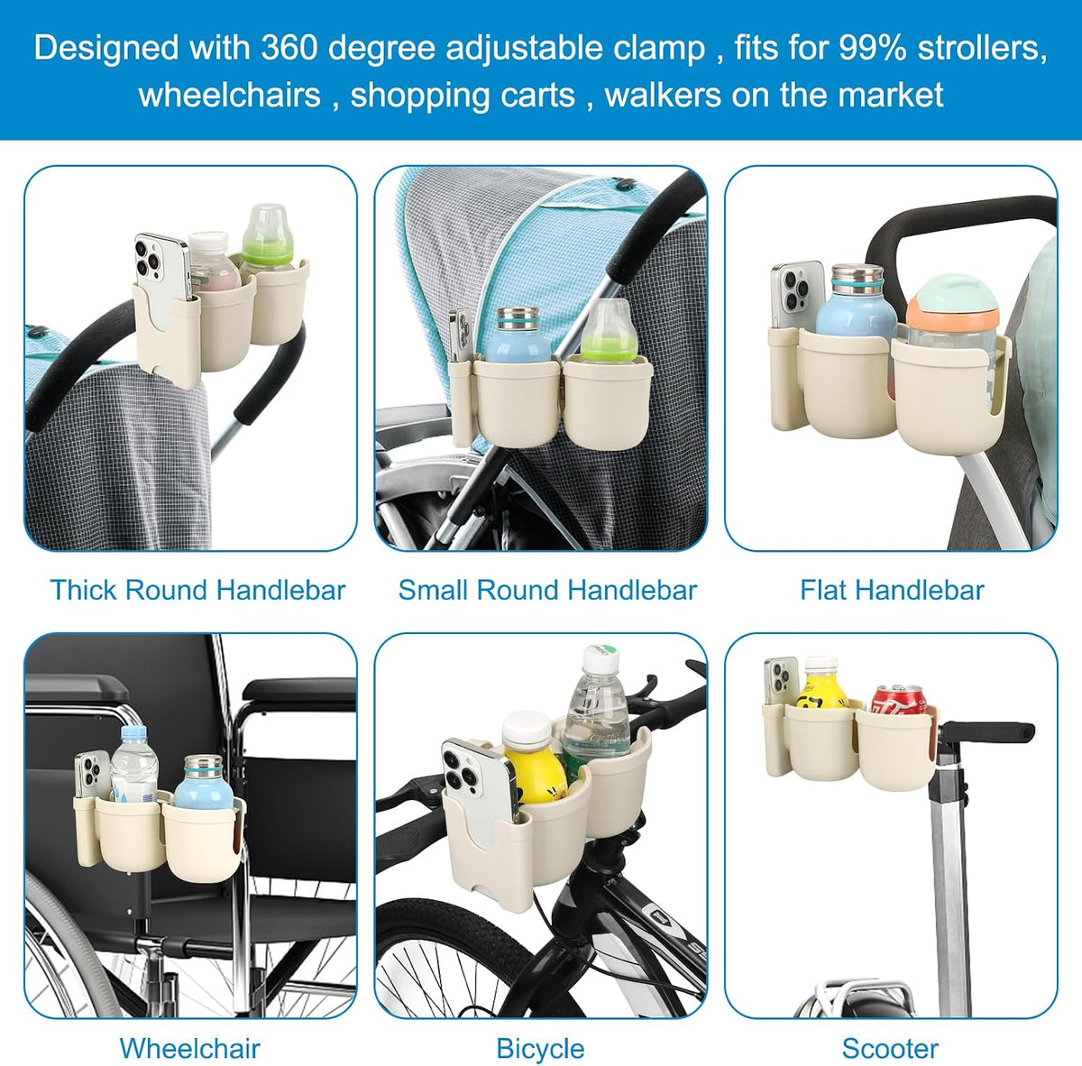 Stroller Cup Holder with Phone Holder, Bike Cup Holder, Universal Cup Holder for Uppababy Nuna Strollers, 2-in-1 Drinks Holder for Walker, Wheelchair, Scooter - Colors A