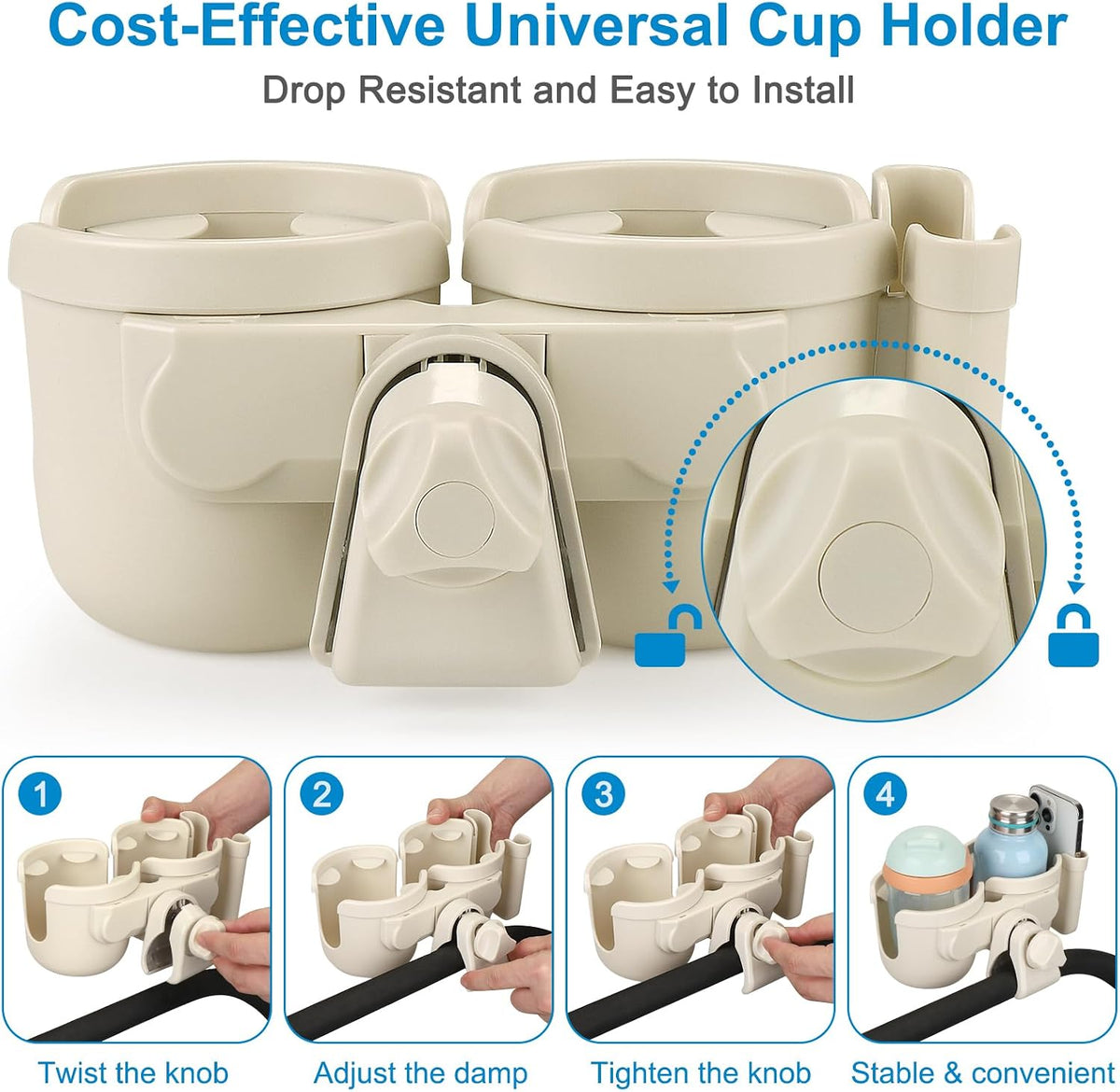 Stroller Cup Holder with Phone Holder, Bike Cup Holder, Universal Cup Holder for Uppababy Nuna Strollers, 2-in-1 Drinks Holder for Walker, Wheelchair, Scooter - Colors A