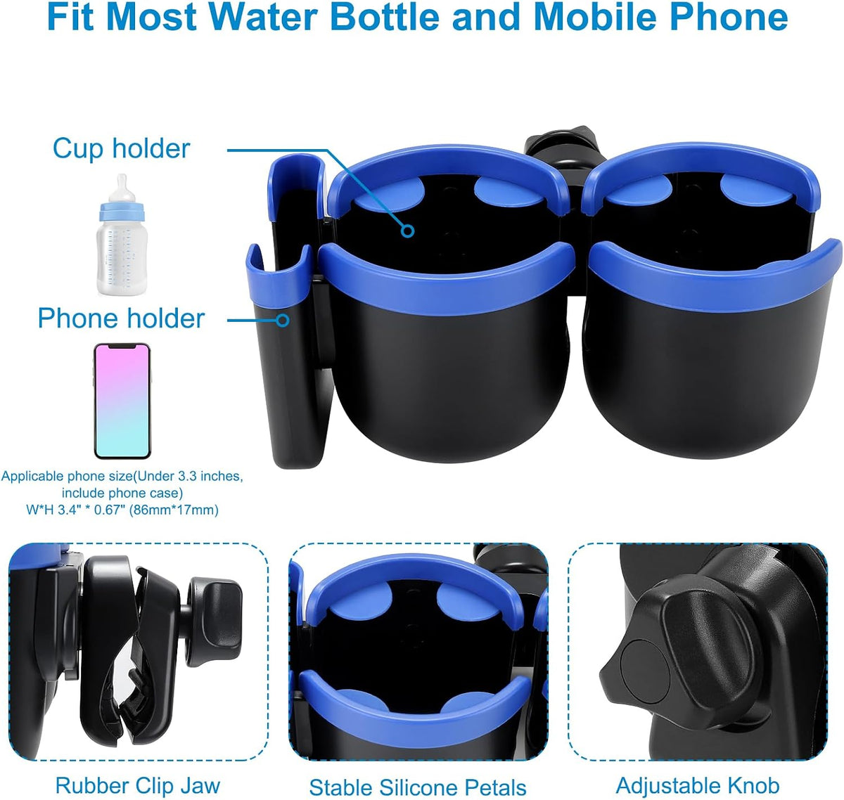 Stroller Cup Holder with Phone Holder, Bike Cup Holder, Universal Cup Holder for Uppababy Nuna Strollers, 2-in-1 Drinks Holder for Walker, Wheelchair, Scooter - Colors A