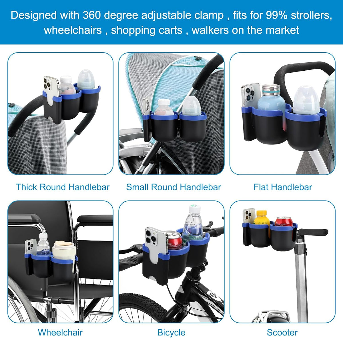 Stroller Cup Holder with Phone Holder, Bike Cup Holder, Universal Cup Holder for Uppababy Nuna Strollers, 2-in-1 Drinks Holder for Walker, Wheelchair, Scooter - Colors A