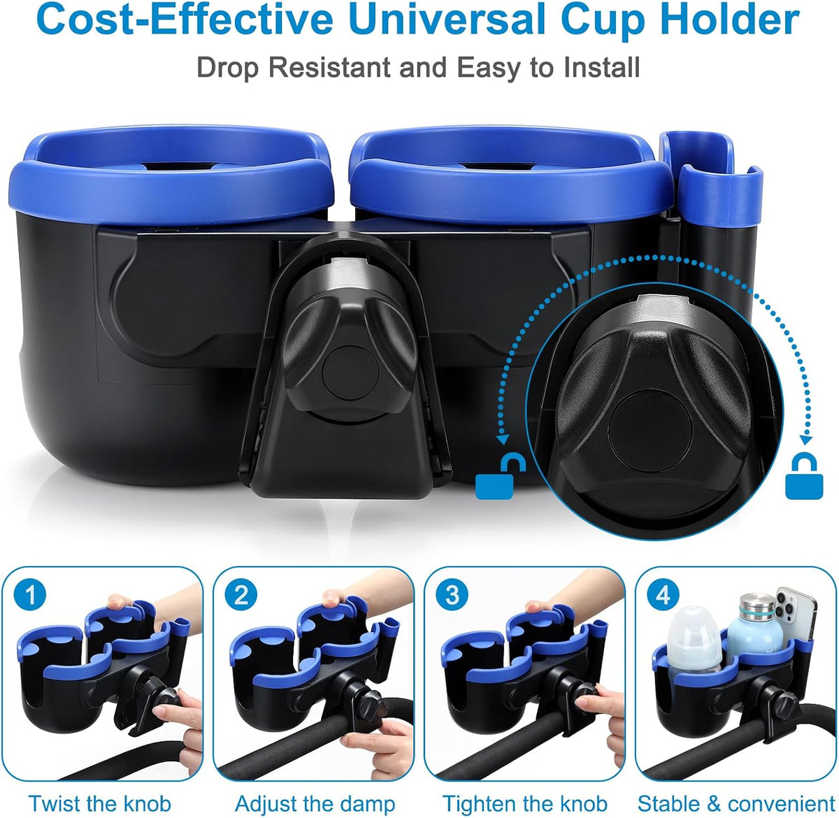 Stroller Cup Holder with Phone Holder, Bike Cup Holder, Universal Cup Holder for Uppababy Nuna Strollers, 2-in-1 Drinks Holder for Walker, Wheelchair, Scooter - Colors A