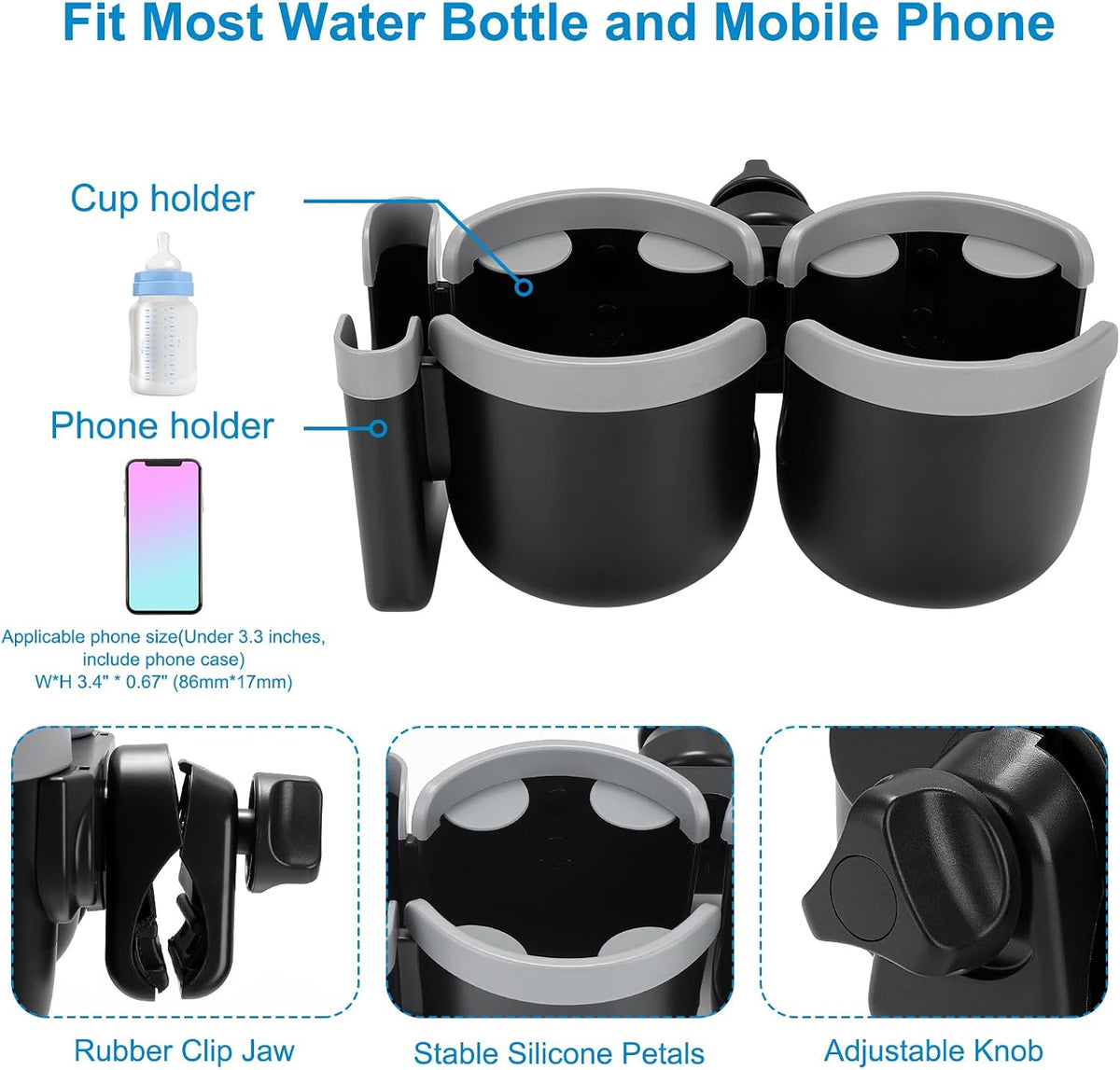 Stroller Cup Holder with Phone Holder, Bike Cup Holder, Universal Cup Holder for Uppababy Nuna Strollers, 2-in-1 Drinks Holder for Walker, Wheelchair, Scooter - Colors A