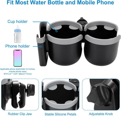 Stroller Cup Holder with Phone Holder, Bike Cup Holder, Universal Cup Holder for Uppababy Nuna Strollers, 2-in-1 Drinks Holder for Walker, Wheelchair, Scooter - Colors A