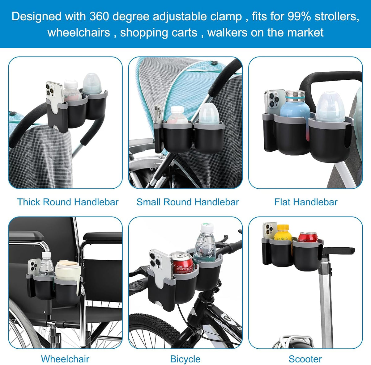 Stroller Cup Holder with Phone Holder, Bike Cup Holder, Universal Cup Holder for Uppababy Nuna Strollers, 2-in-1 Drinks Holder for Walker, Wheelchair, Scooter - Colors A