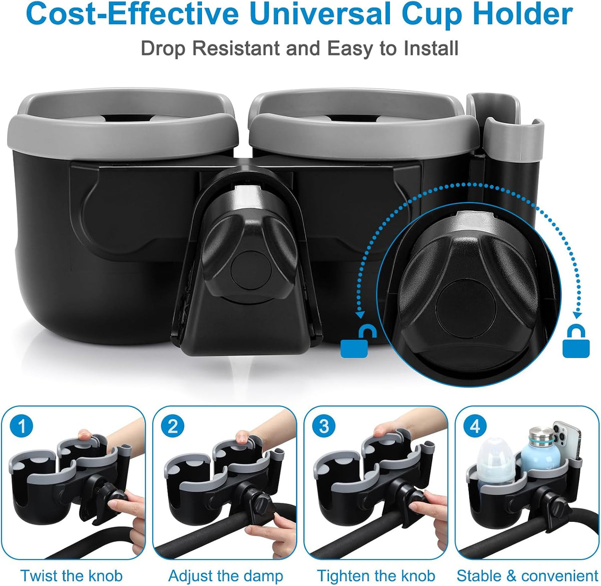 Stroller Cup Holder with Phone Holder, Bike Cup Holder, Universal Cup Holder for Uppababy Nuna Strollers, 2-in-1 Drinks Holder for Walker, Wheelchair, Scooter - Colors A