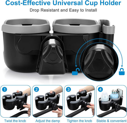 Stroller Cup Holder with Phone Holder, Bike Cup Holder, Universal Cup Holder for Uppababy Nuna Strollers, 2-in-1 Drinks Holder for Walker, Wheelchair, Scooter - Colors A