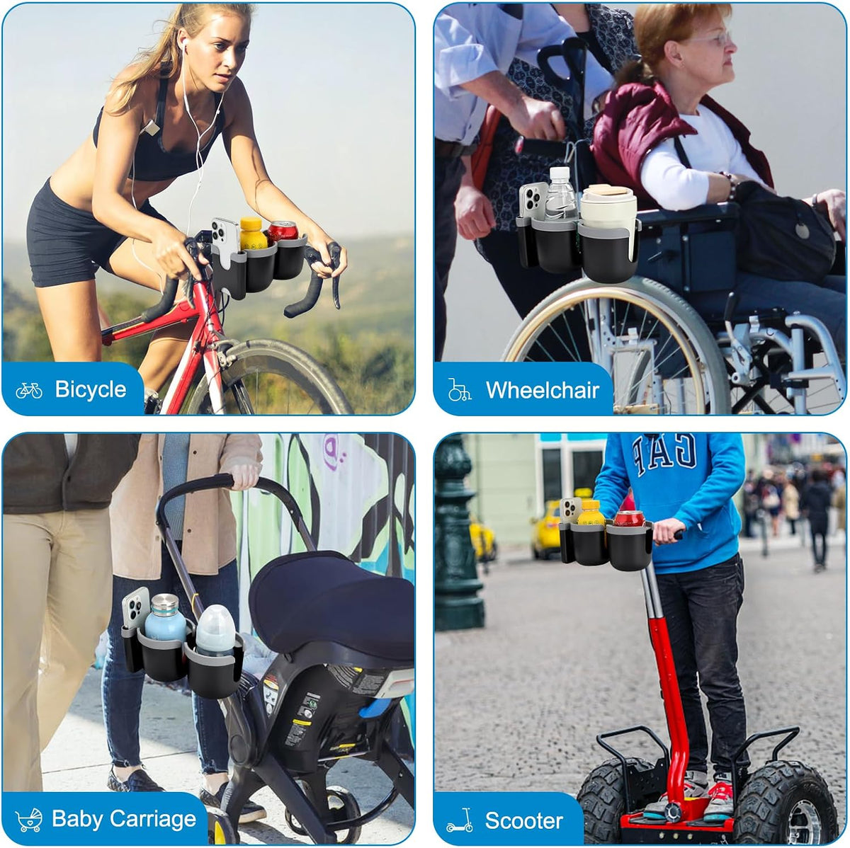Stroller Cup Holder with Phone Holder, Bike Cup Holder, Universal Cup Holder for Uppababy Nuna Strollers, 2-in-1 Drinks Holder for Walker, Wheelchair, Scooter - Colors A
