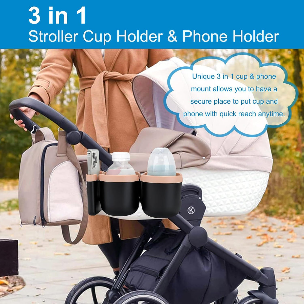 Stroller Cup Holder with Phone Holder, Bike Cup Holder, Universal Cup Holder for Uppababy Nuna Strollers, 2-in-1 Drinks Holder for Walker, Wheelchair, Scooter - Colors A