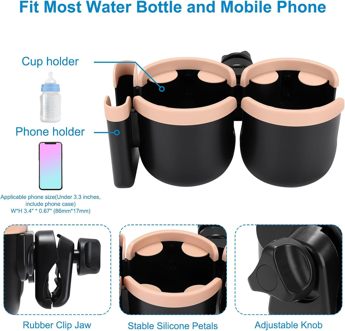 Stroller Cup Holder with Phone Holder, Bike Cup Holder, Universal Cup Holder for Uppababy Nuna Strollers, 2-in-1 Drinks Holder for Walker, Wheelchair, Scooter - Colors A