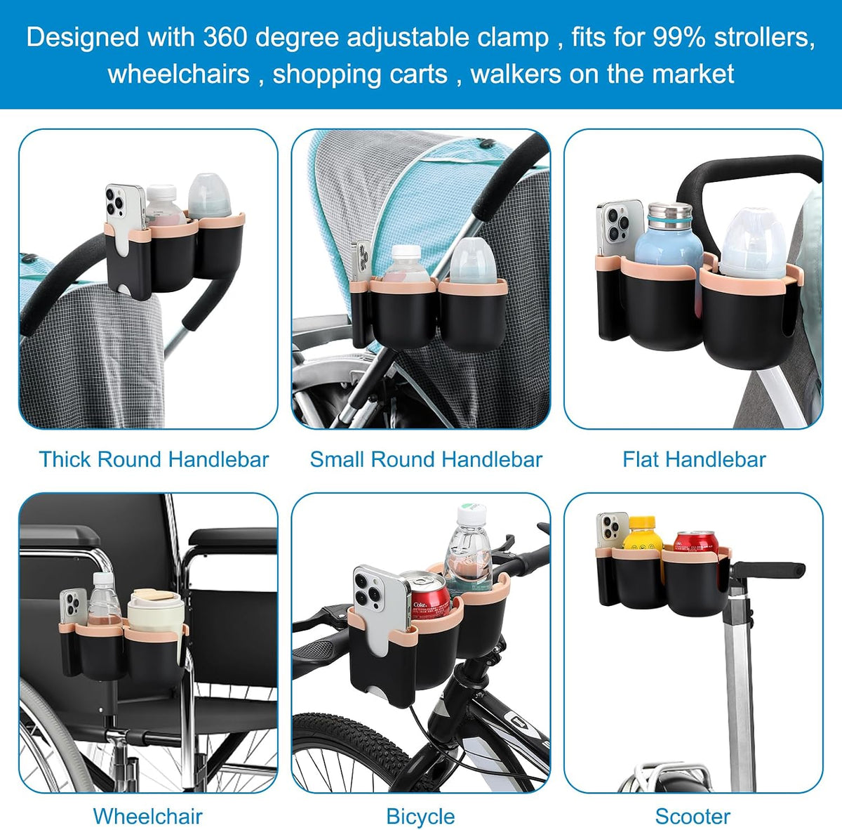 Stroller Cup Holder with Phone Holder, Bike Cup Holder, Universal Cup Holder for Uppababy Nuna Strollers, 2-in-1 Drinks Holder for Walker, Wheelchair, Scooter - Colors A