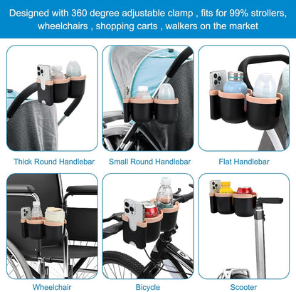 Stroller Cup Holder with Phone Holder, Bike Cup Holder, Universal Cup Holder for Uppababy Nuna Strollers, 2-in-1 Drinks Holder for Walker, Wheelchair, Scooter - Colors A