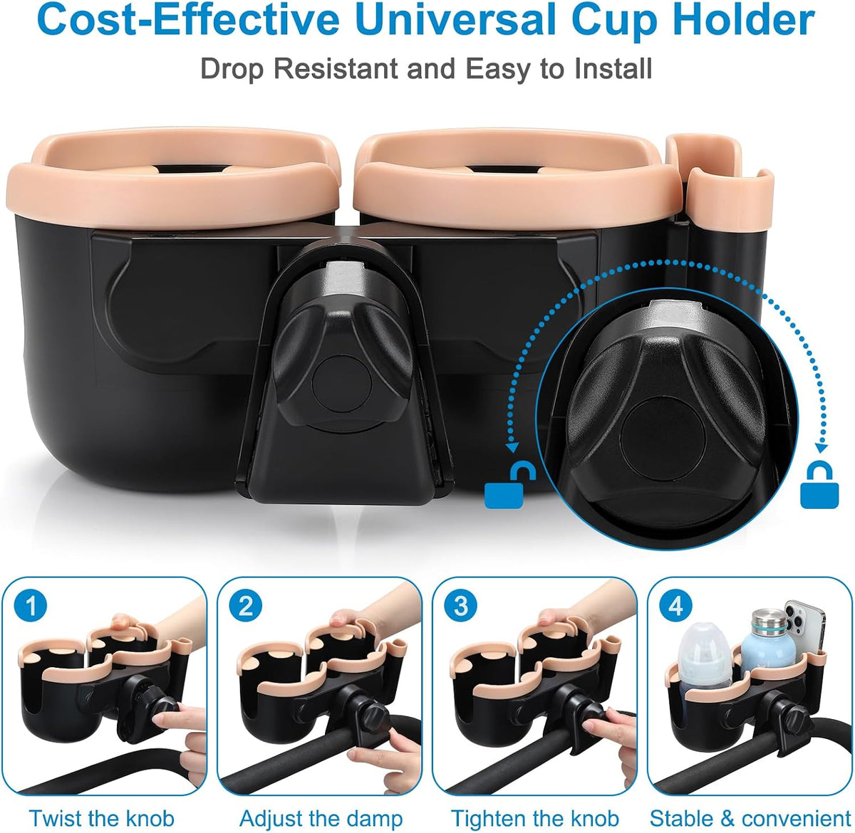 Stroller Cup Holder with Phone Holder, Bike Cup Holder, Universal Cup Holder for Uppababy Nuna Strollers, 2-in-1 Drinks Holder for Walker, Wheelchair, Scooter - Colors A