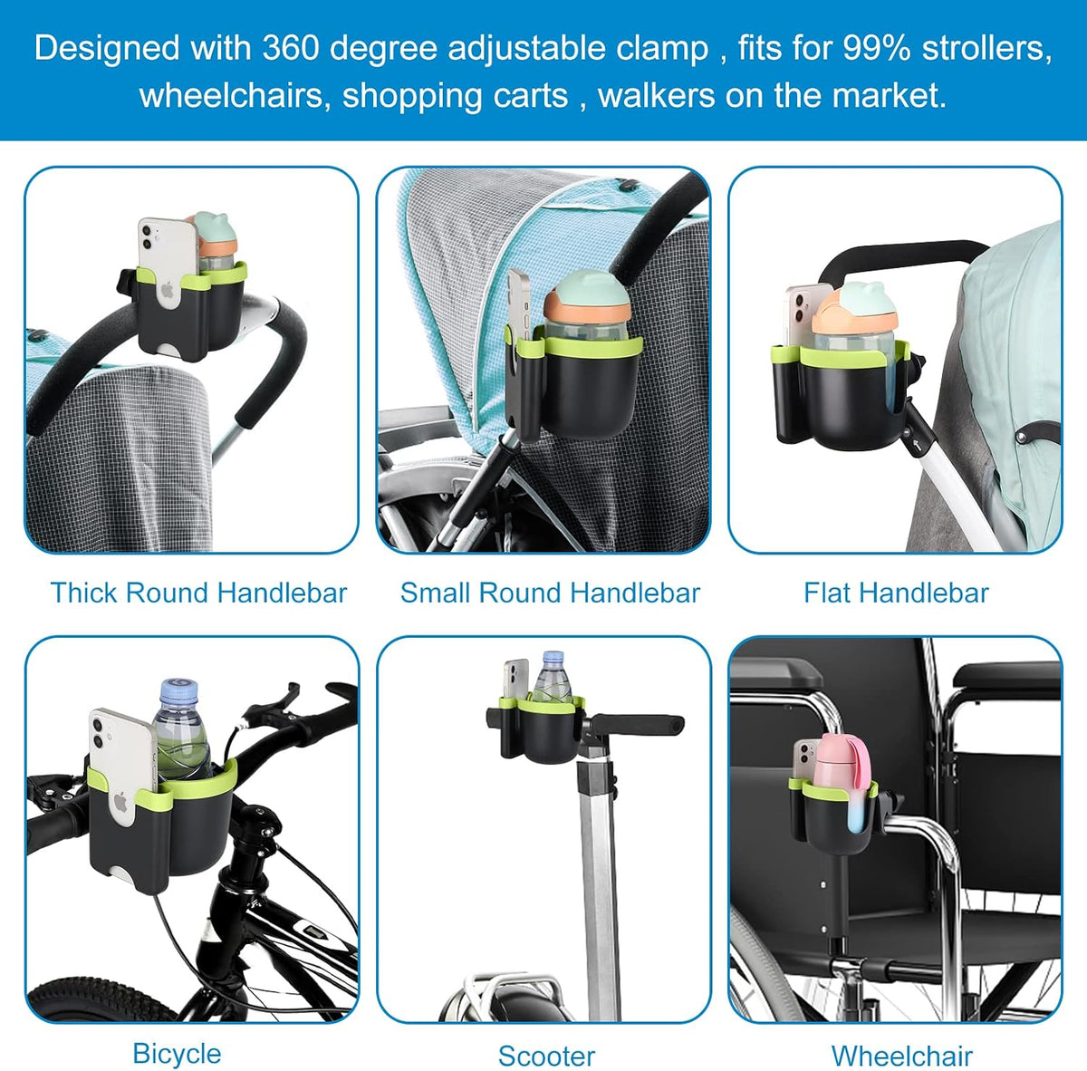Stroller Cup Holder with Phone Holder, Bike Cup Holder, Universal Cup Holder for Uppababy Nuna Strollers, 2-in-1 Drinks Holder for Walker, Wheelchair, Scooter - Colors A