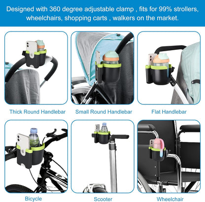 Stroller Cup Holder with Phone Holder, Bike Cup Holder, Universal Cup Holder for Uppababy Nuna Strollers, 2-in-1 Drinks Holder for Walker, Wheelchair, Scooter - Colors A