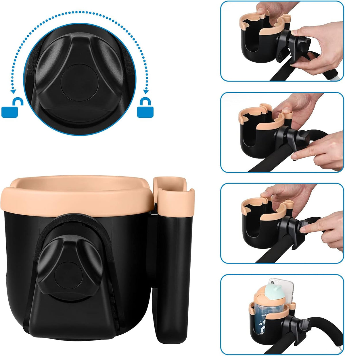Stroller Cup Holder with Phone Holder, Bike Cup Holder, Universal Cup Holder for Uppababy Nuna Strollers, 2-in-1 Drinks Holder for Walker, Wheelchair, Scooter - Colors A