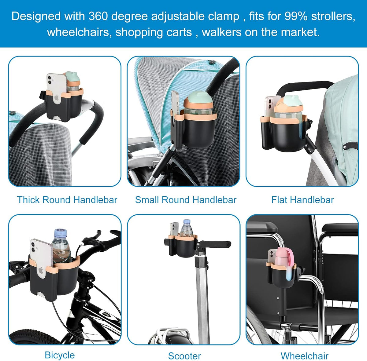 Stroller Cup Holder with Phone Holder, Bike Cup Holder, Universal Cup Holder for Uppababy Nuna Strollers, 2-in-1 Drinks Holder for Walker, Wheelchair, Scooter - Colors A