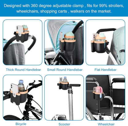 Stroller Cup Holder with Phone Holder, Bike Cup Holder, Universal Cup Holder for Uppababy Nuna Strollers, 2-in-1 Drinks Holder for Walker, Wheelchair, Scooter - Colors A