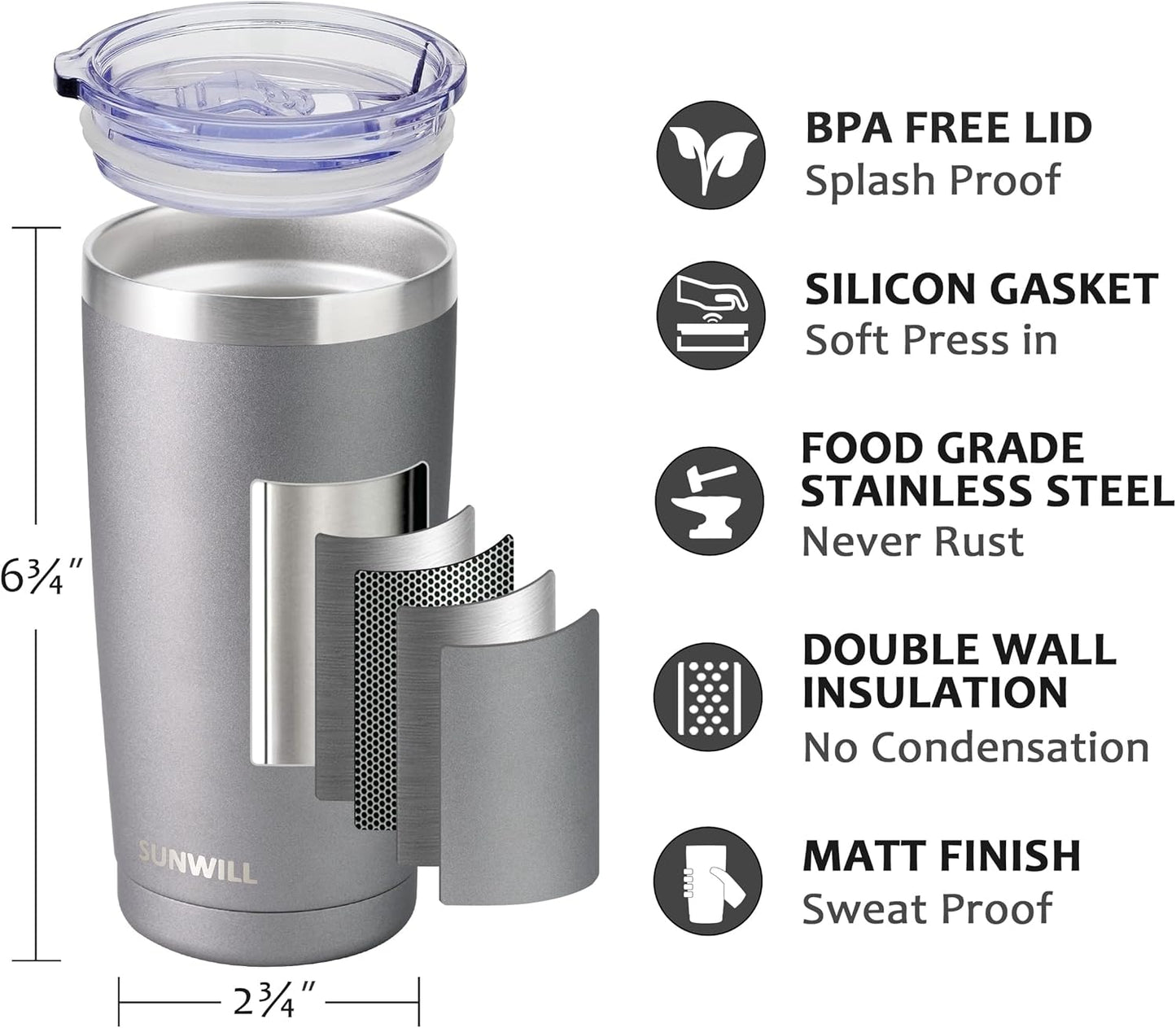 Travel Coffee Tumbler 20 oz, Insulated Mug with Lid, Stainless Steel Cup for Hot and Cold Drinks, Cool Grey