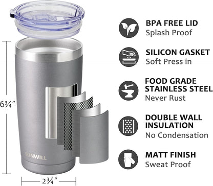 Travel Coffee Tumbler 20 oz, Insulated Mug with Lid, Stainless Steel Cup for Hot and Cold Drinks, Cool Grey