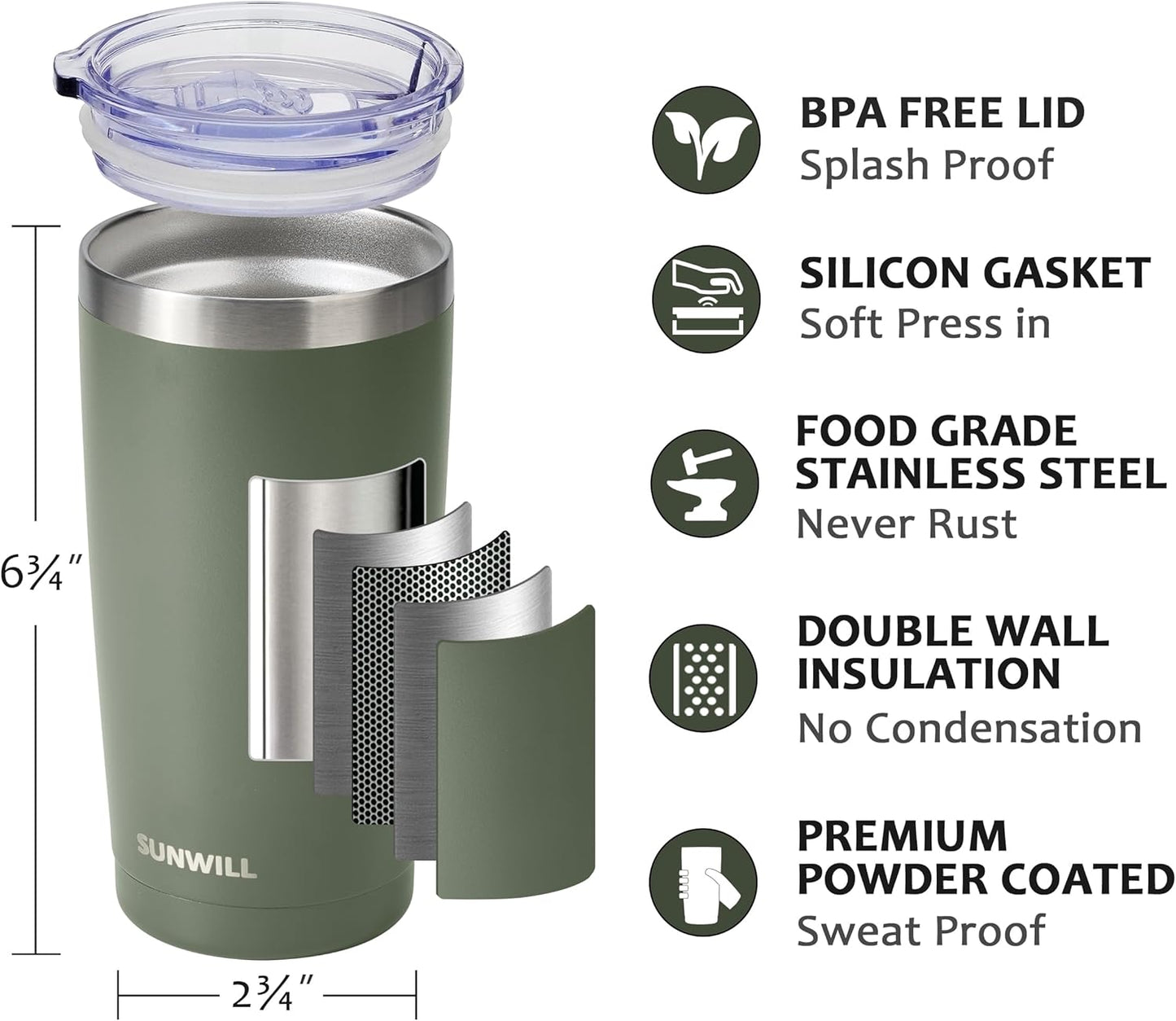 Travel Coffee Tumbler 20 oz, Insulated Mug with Lid, Stainless Steel Cup for Hot and Cold Drinks, Cool Grey