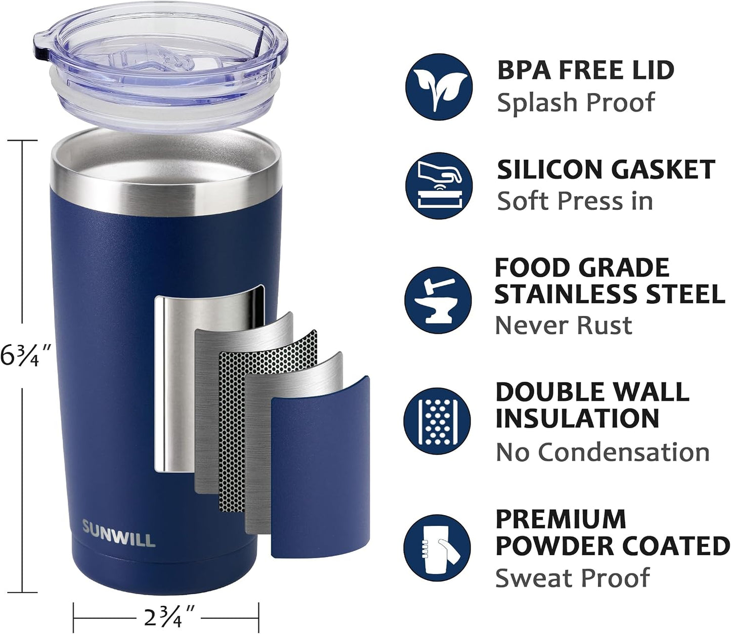 Travel Coffee Tumbler 20 oz, Insulated Mug with Lid, Stainless Steel Cup for Hot and Cold Drinks, Cool Grey