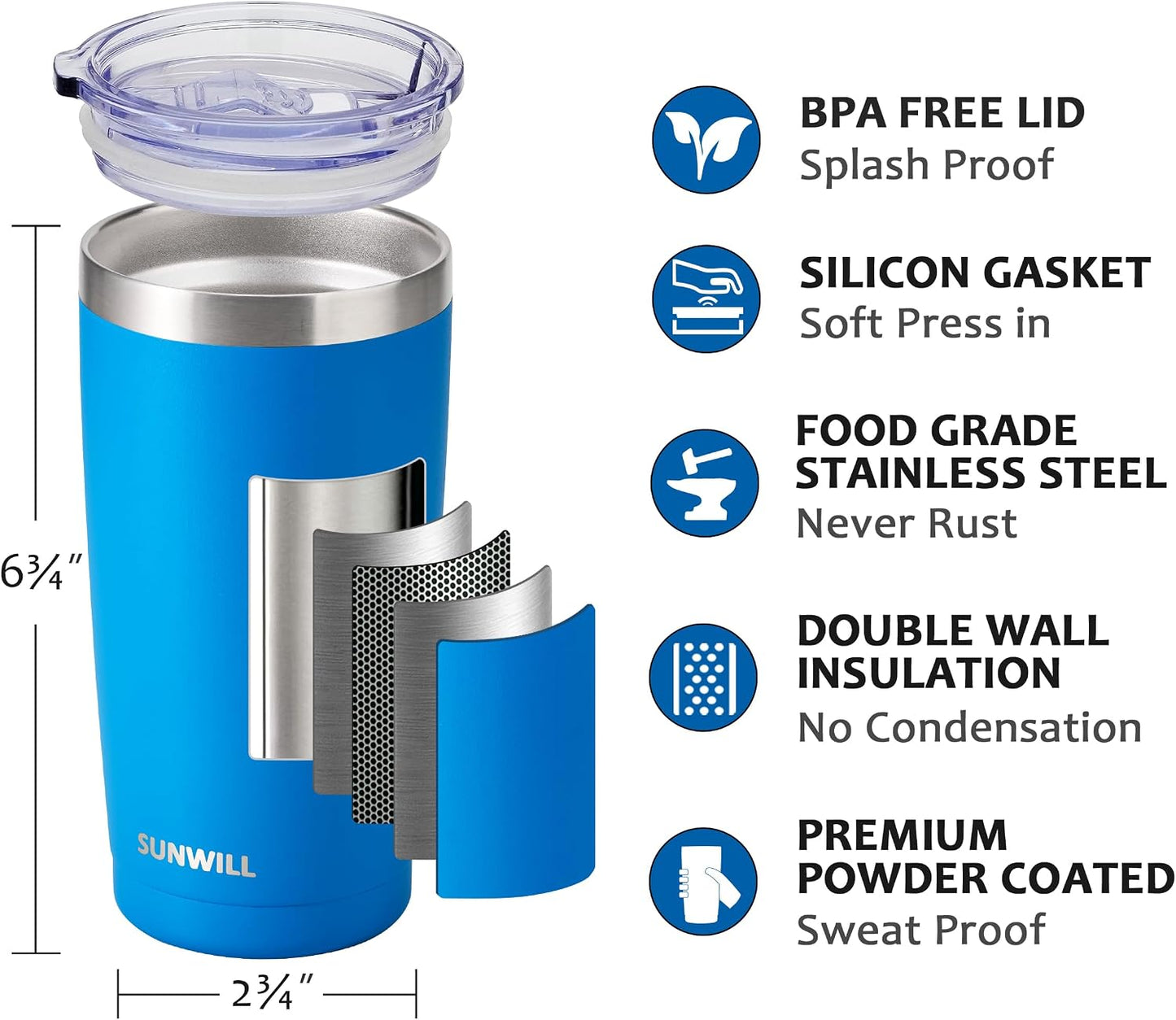 Travel Coffee Tumbler 20 oz, Insulated Mug with Lid, Stainless Steel Cup for Hot and Cold Drinks, Cool Grey