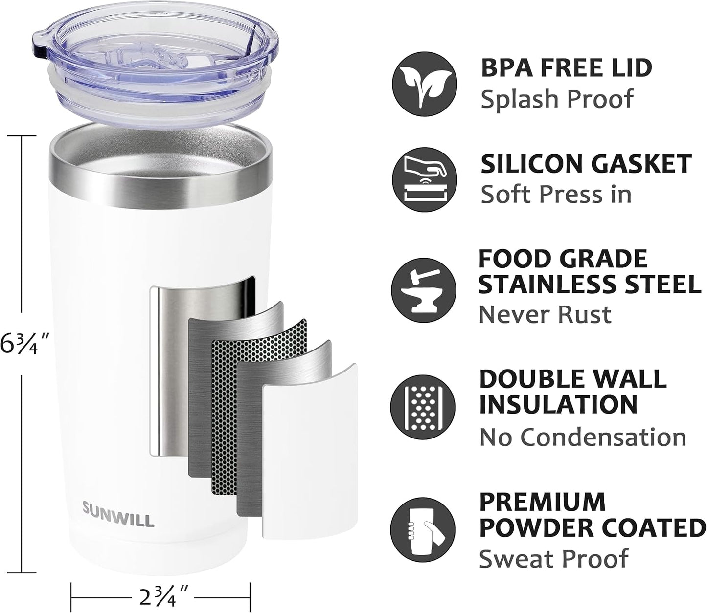Travel Coffee Tumbler 20 oz, Insulated Mug with Lid, Stainless Steel Cup for Hot and Cold Drinks, Cool Grey