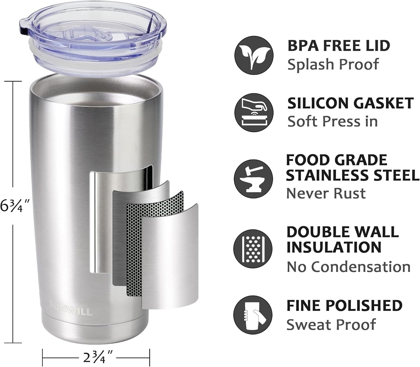 Travel Coffee Tumbler 20 oz, Insulated Mug with Lid, Stainless Steel Cup for Hot and Cold Drinks, Cool Grey