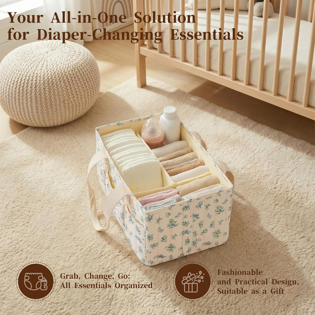 Corduroy Baby Diaper Caddy Organizer with Lid, Gift Basket for Baby Shower