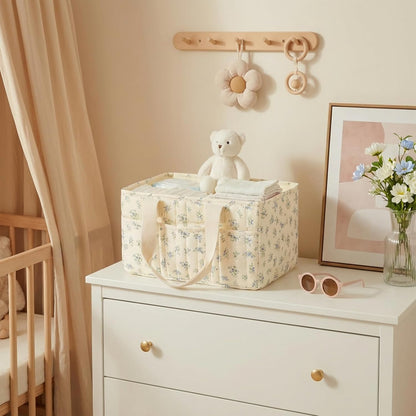 Corduroy Baby Diaper Caddy Organizer with Lid, Gift Basket for Baby Shower