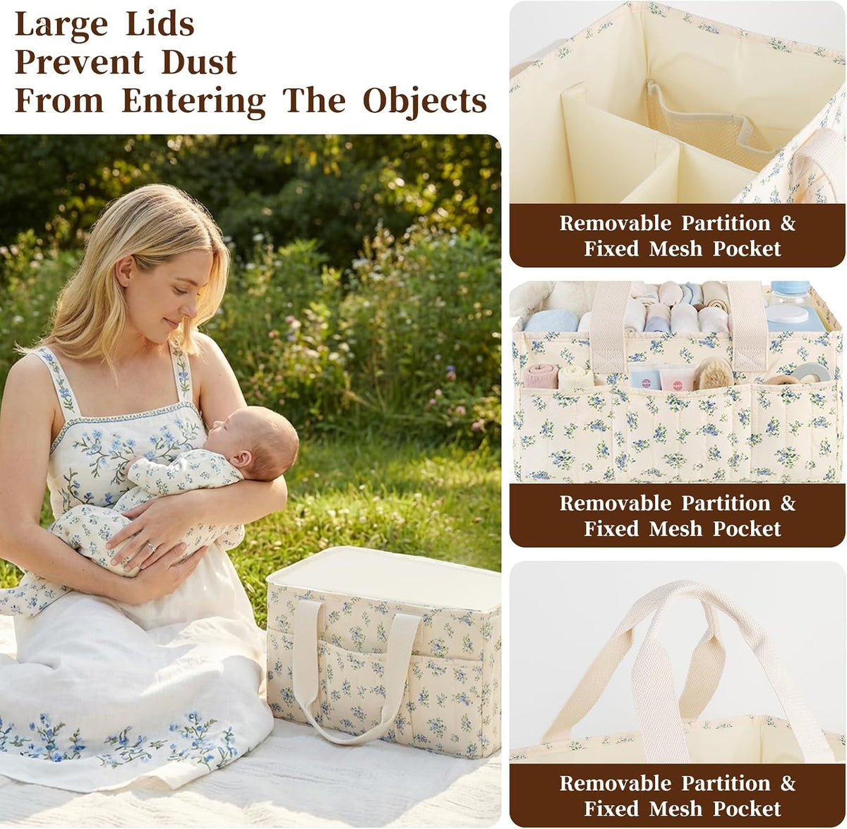 Corduroy Baby Diaper Caddy Organizer with Lid, Gift Basket for Baby Shower