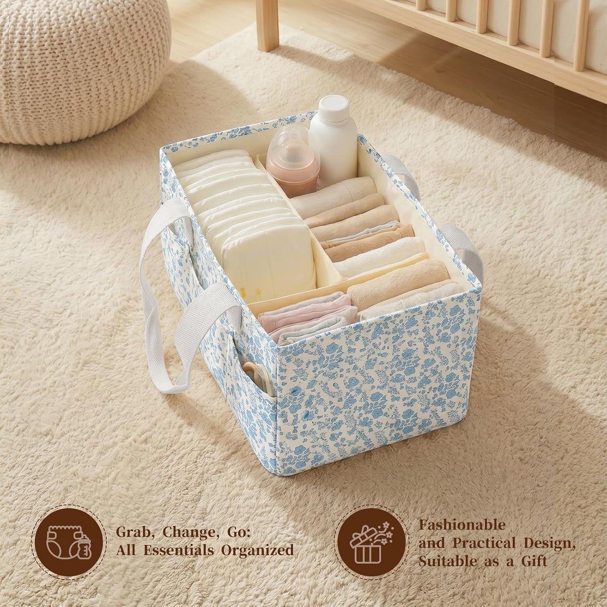 Corduroy Baby Diaper Caddy Organizer with Lid, Gift Basket for Baby Shower