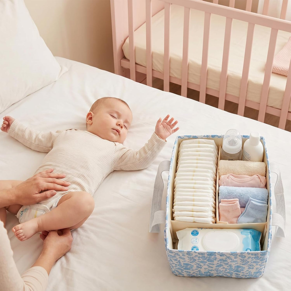Corduroy Baby Diaper Caddy Organizer with Lid, Gift Basket for Baby Shower