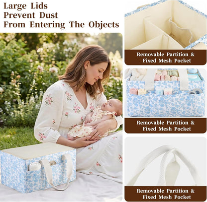 Corduroy Baby Diaper Caddy Organizer with Lid, Gift Basket for Baby Shower