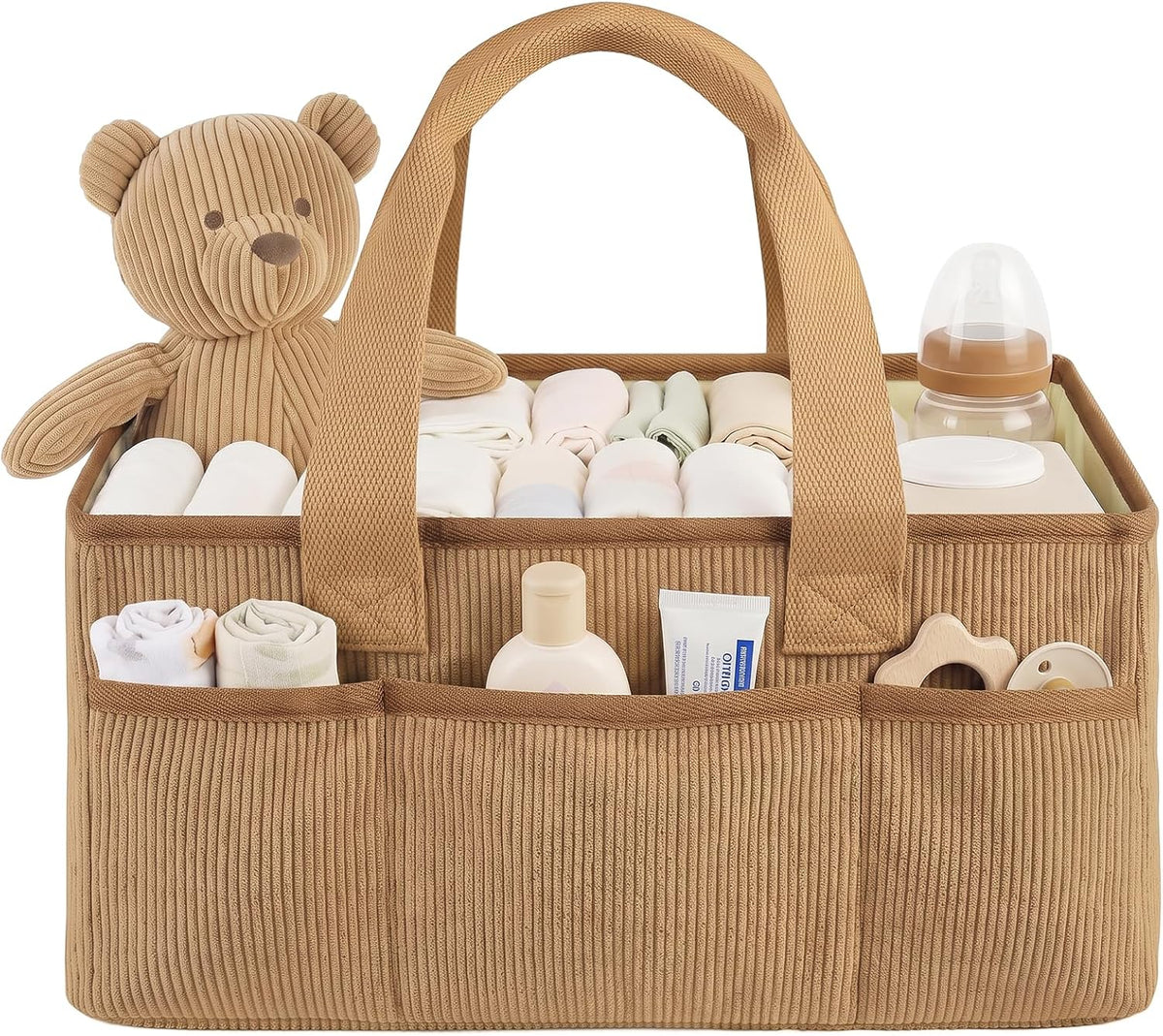 Corduroy Baby Diaper Caddy Organizer with Lid, Gift Basket for Baby Shower