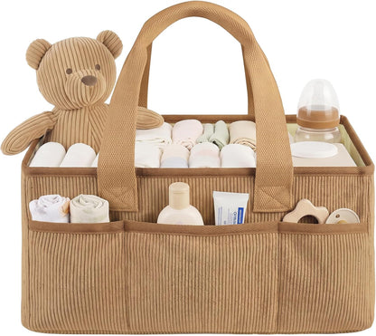 Corduroy Baby Diaper Caddy Organizer with Lid, Gift Basket for Baby Shower