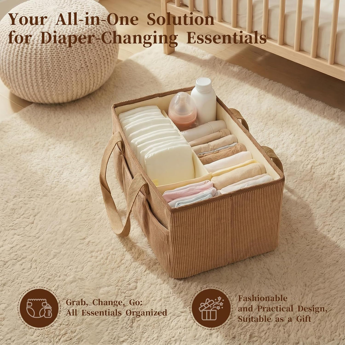 Corduroy Baby Diaper Caddy Organizer with Lid, Gift Basket for Baby Shower