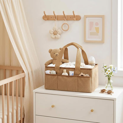 Corduroy Baby Diaper Caddy Organizer with Lid, Gift Basket for Baby Shower