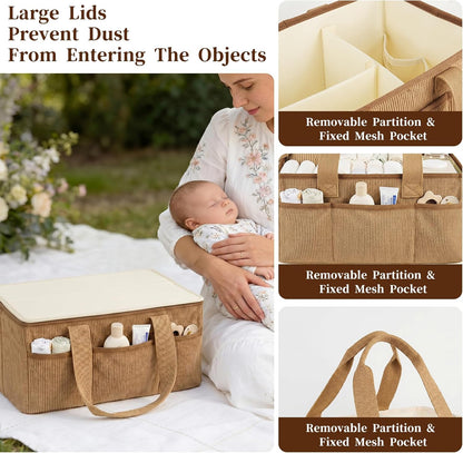 Corduroy Baby Diaper Caddy Organizer with Lid, Gift Basket for Baby Shower