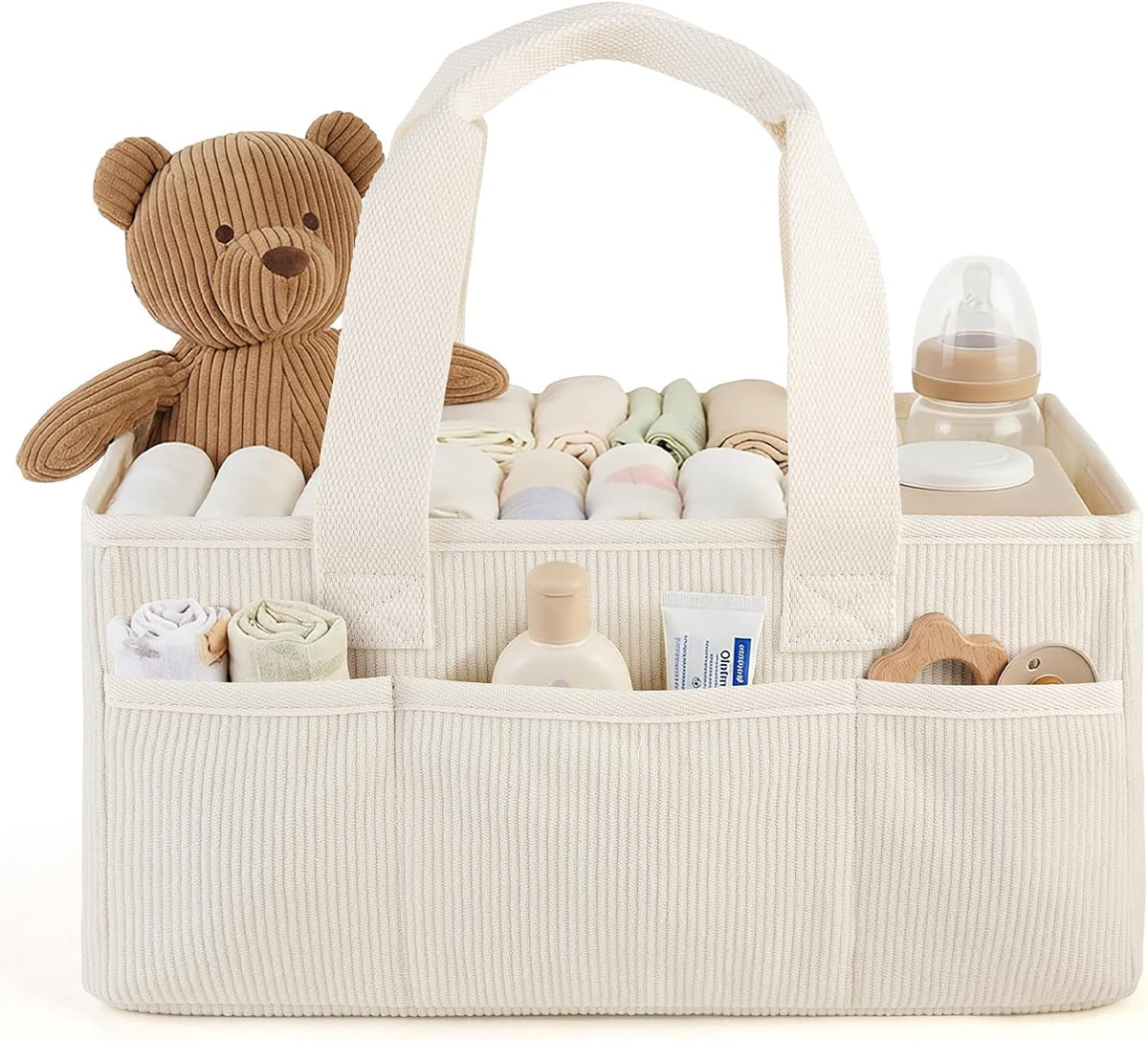 Corduroy Baby Diaper Caddy Organizer with Lid, Gift Basket for Baby Shower
