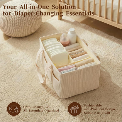 Corduroy Baby Diaper Caddy Organizer with Lid, Gift Basket for Baby Shower