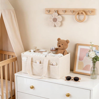 Corduroy Baby Diaper Caddy Organizer with Lid, Gift Basket for Baby Shower