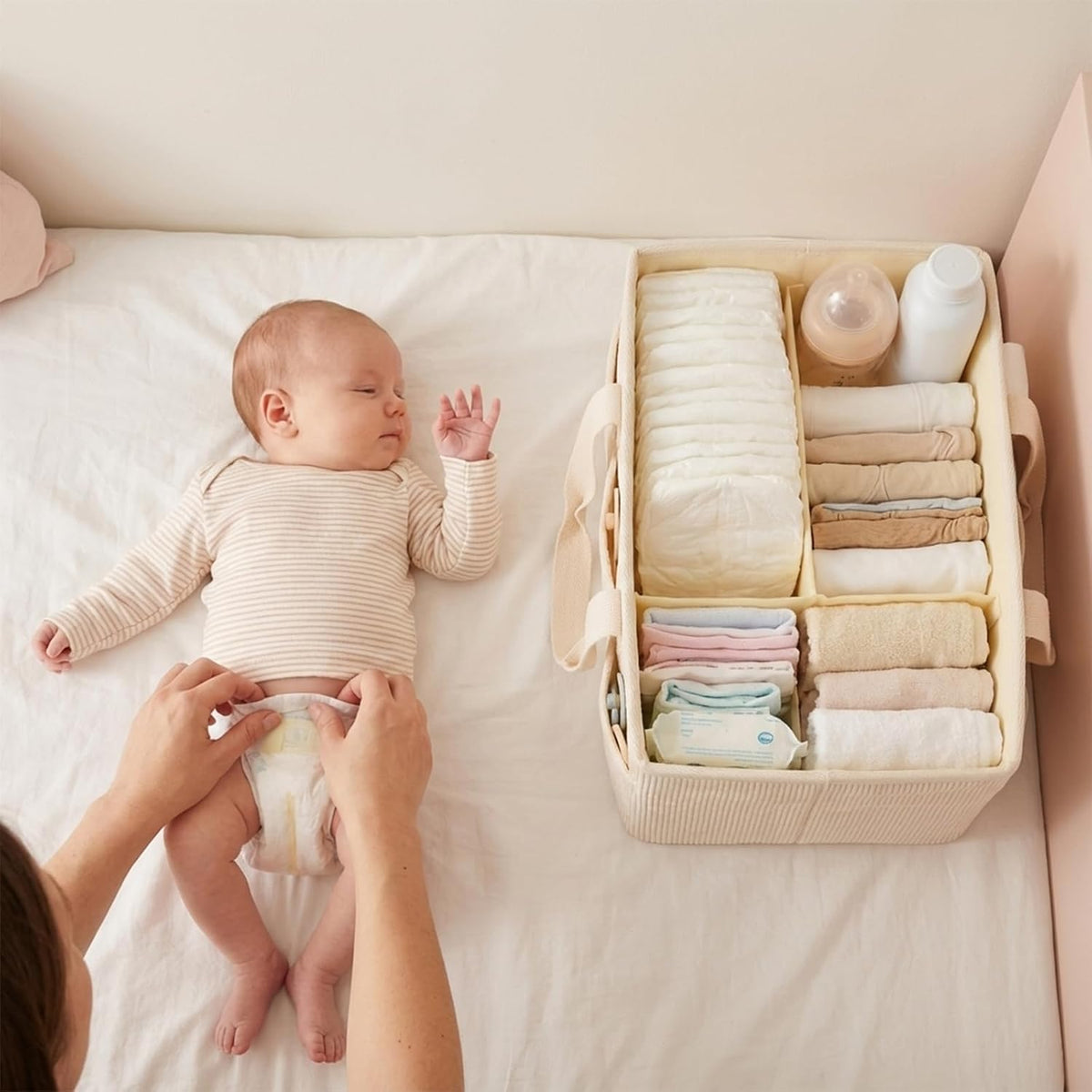 Corduroy Baby Diaper Caddy Organizer with Lid, Gift Basket for Baby Shower