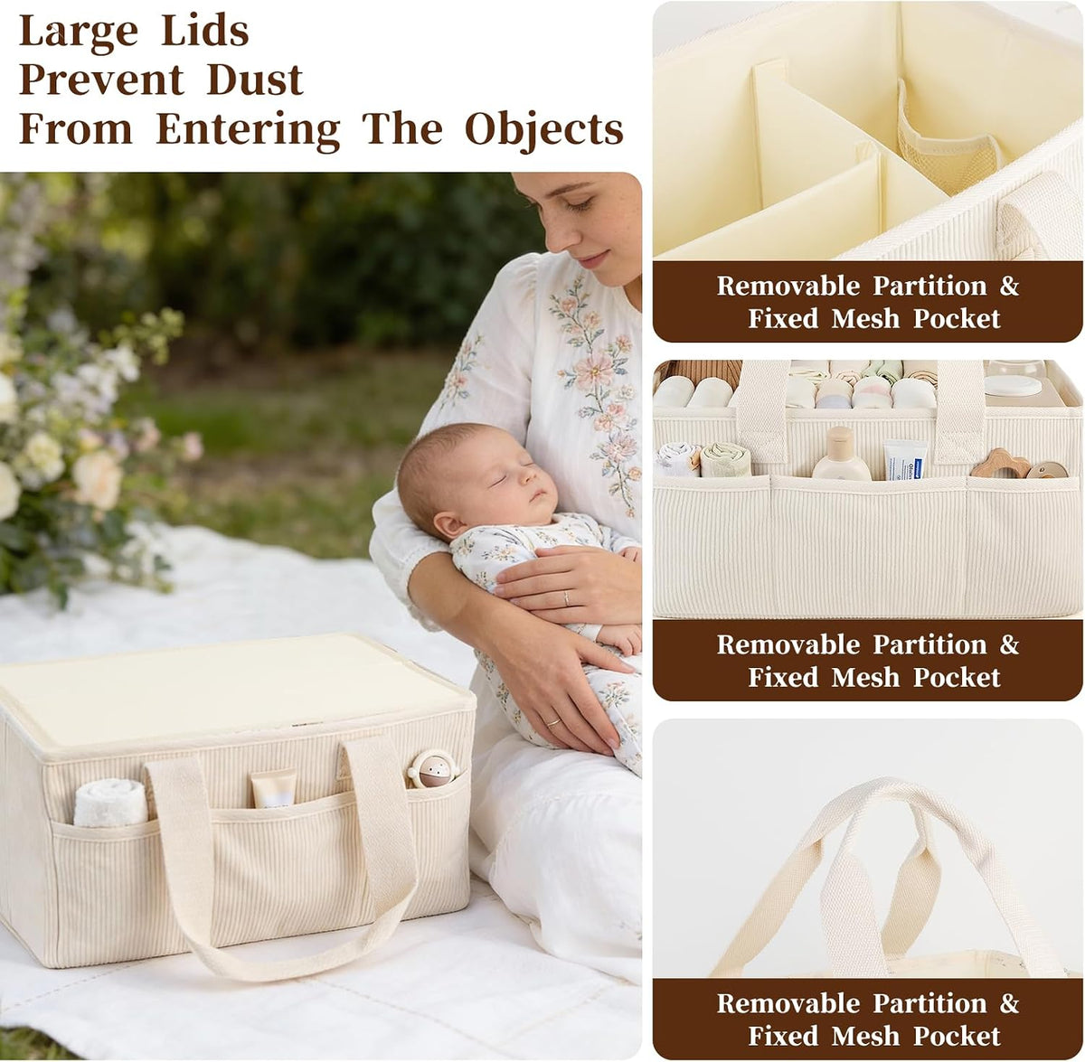 Corduroy Baby Diaper Caddy Organizer with Lid, Gift Basket for Baby Shower