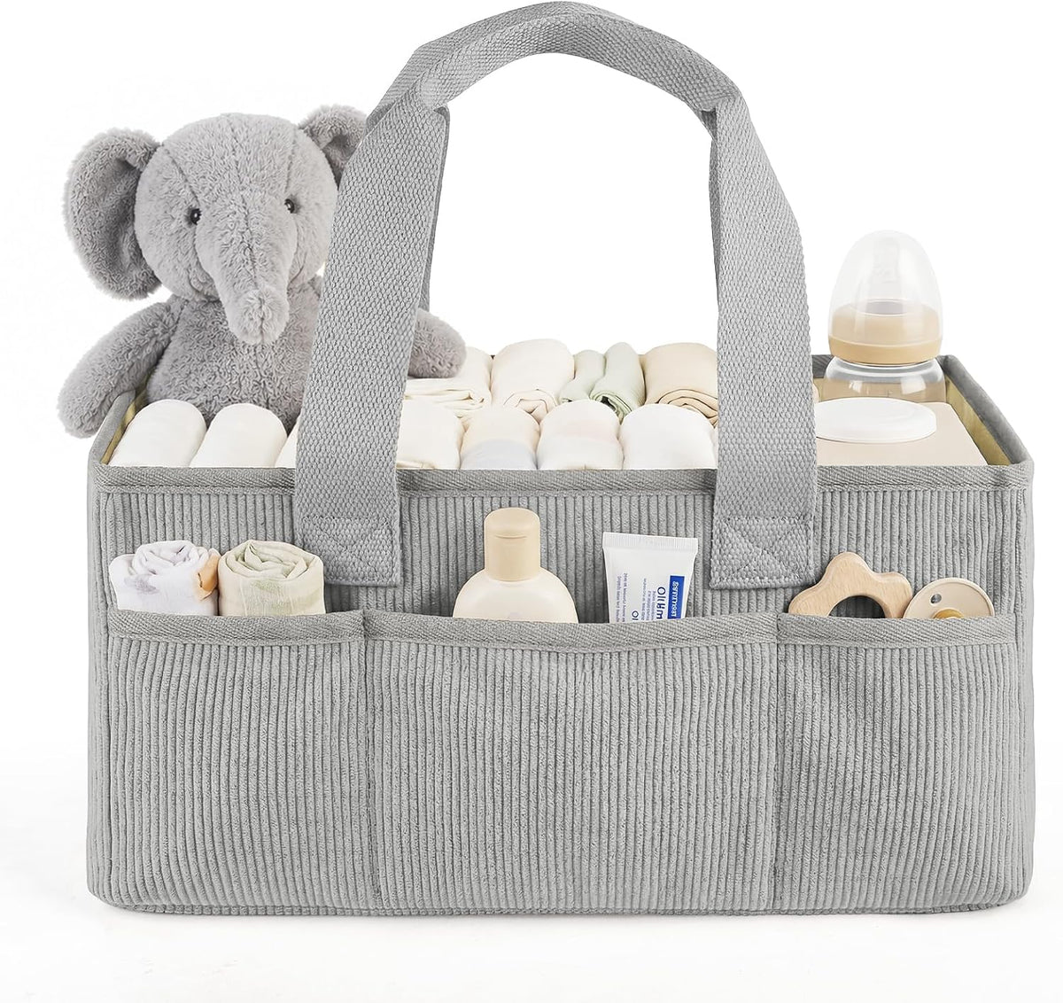 Corduroy Baby Diaper Caddy Organizer with Lid, Gift Basket for Baby Shower