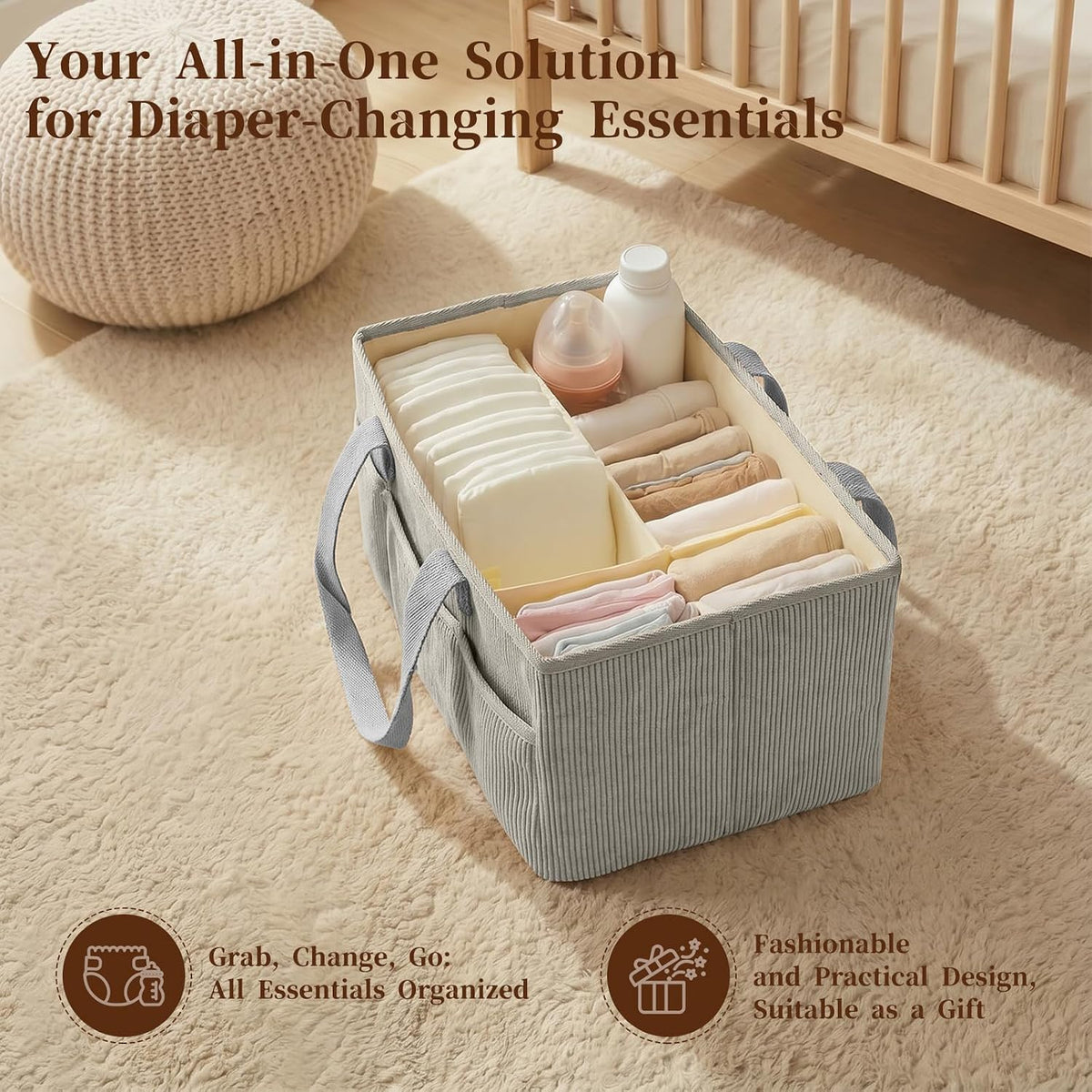 Corduroy Baby Diaper Caddy Organizer with Lid, Gift Basket for Baby Shower