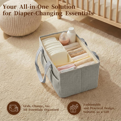Corduroy Baby Diaper Caddy Organizer with Lid, Gift Basket for Baby Shower