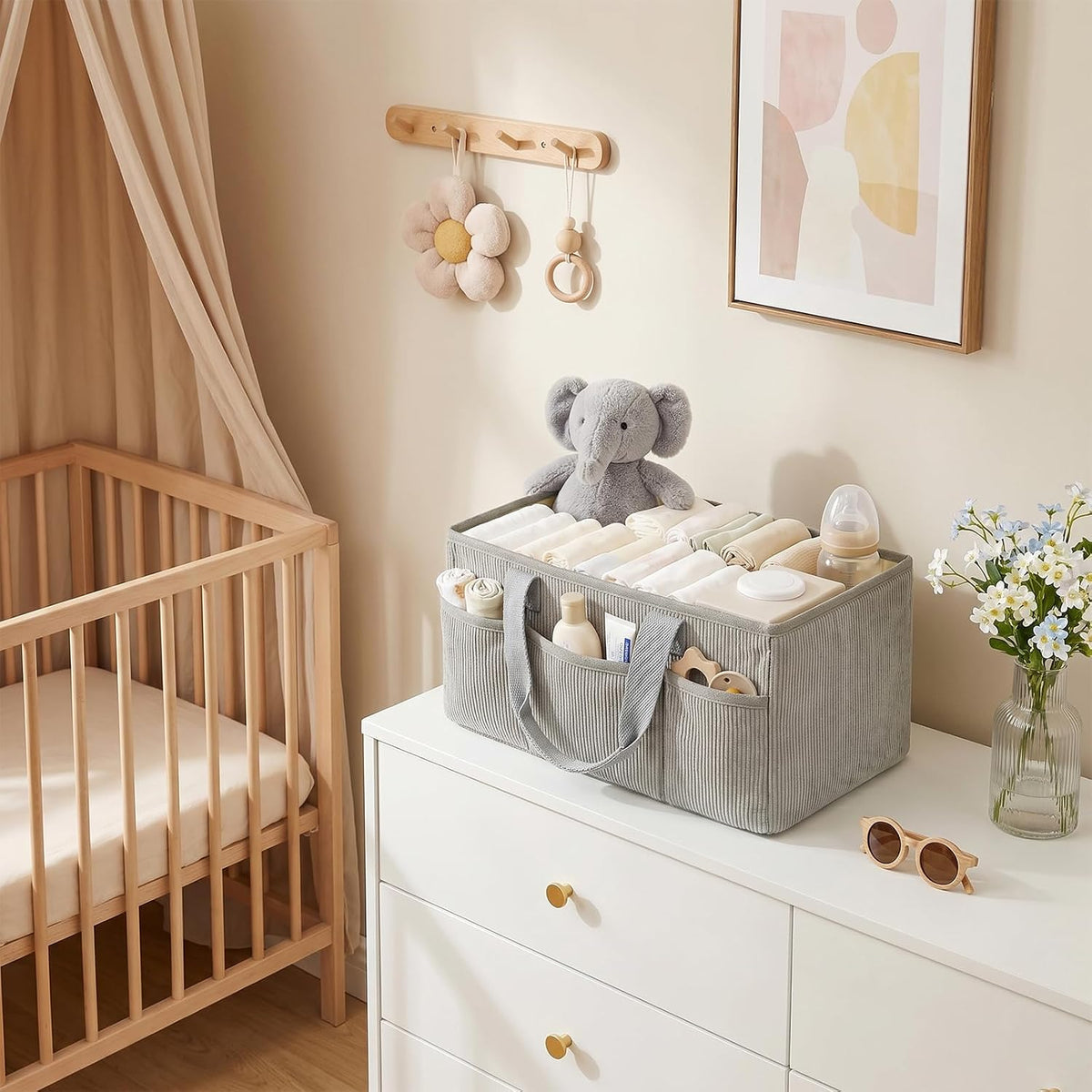 Corduroy Baby Diaper Caddy Organizer with Lid, Gift Basket for Baby Shower