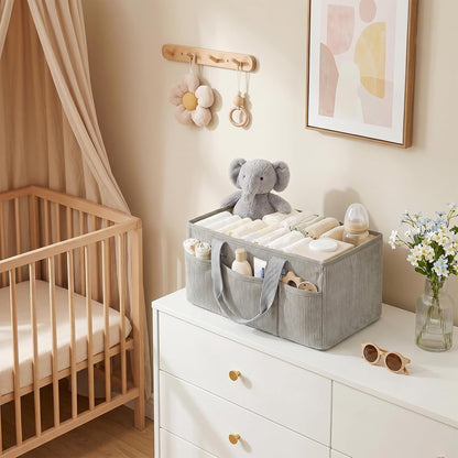Corduroy Baby Diaper Caddy Organizer with Lid, Gift Basket for Baby Shower